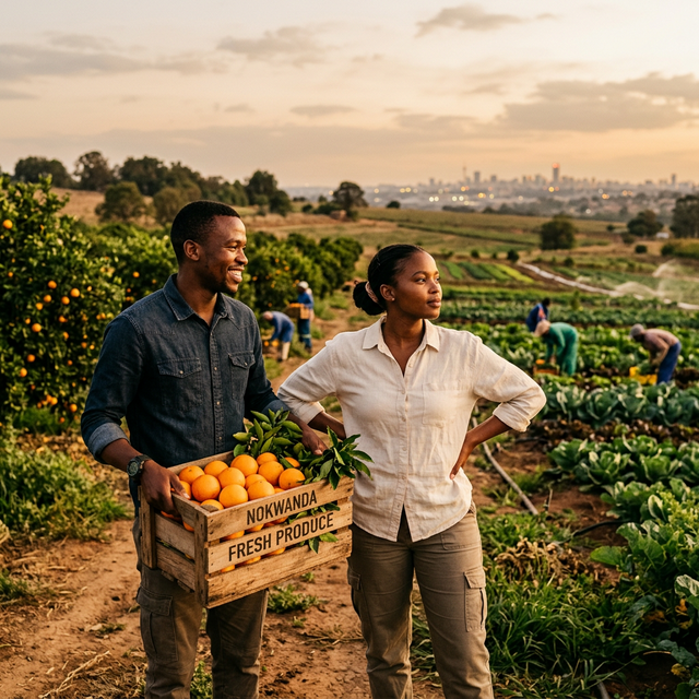 Chanta founders at the farm with Johannesburg skyline behind them