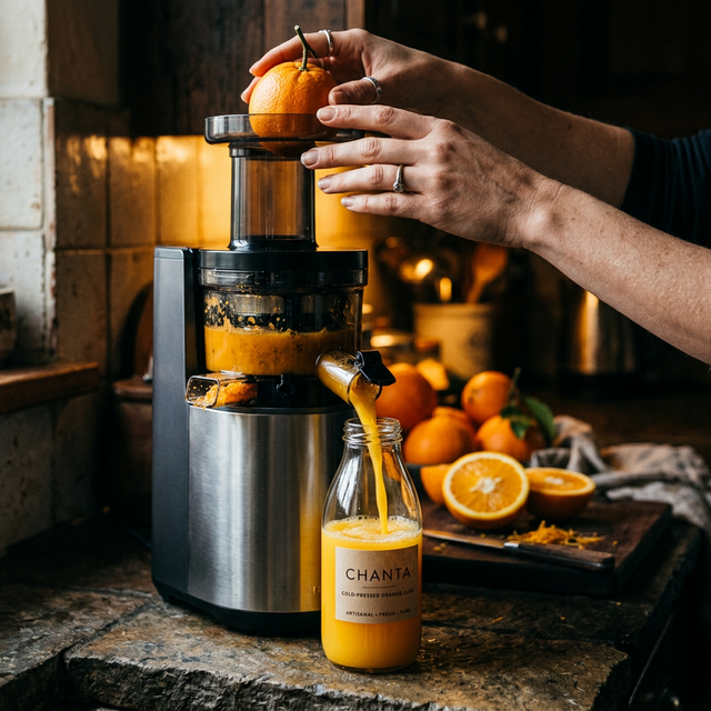 Cold-pressing fresh oranges into a Chanta bottle